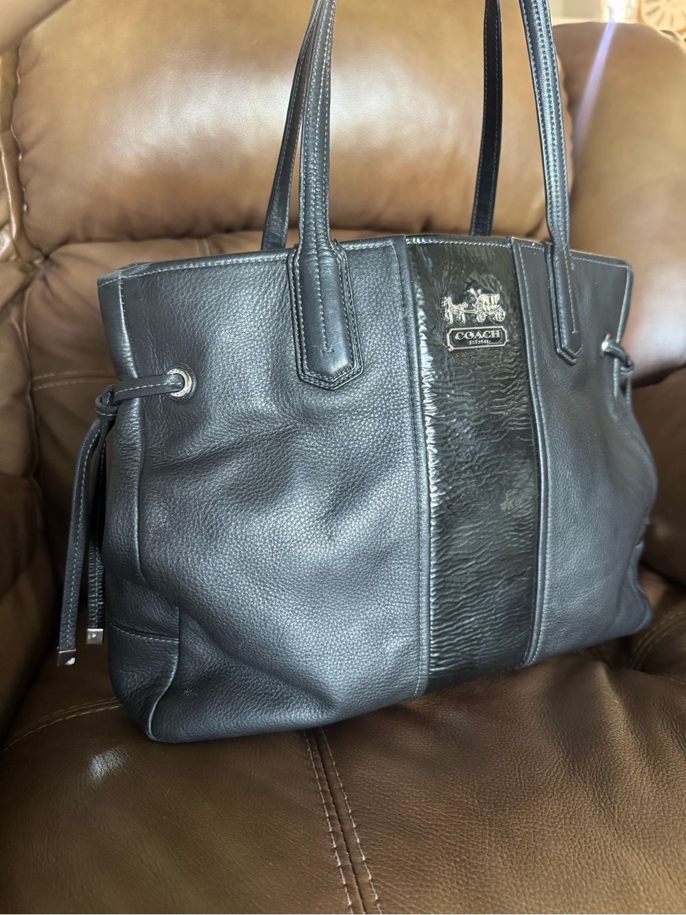 Coach Black Leather Tote Bag with Center Panel